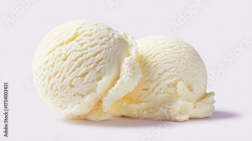 Continuous Learning and organic indulgence, two scoops of creamy vanilla ice cream with caramel swirls on white background.