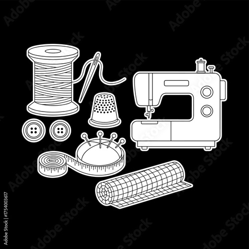 Sewing tools and materials including a sewing machine, thread, and buttons
