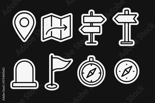 Set of vector stickers: location marker, map, signs, and compass  