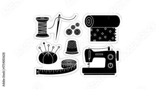 Sewing tools and supplies including thread, fabric, and sewing machine  