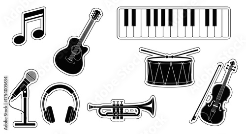 Musical icons collection including guitar, piano, drums, and trumpet  