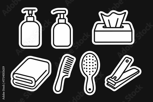 Collection of vector stickers: toiletries, tissue, and towels  
