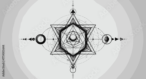Sacred Geometry Star and Circle Design - Abstract Mystical Spiritual Illustration in Gray Tones