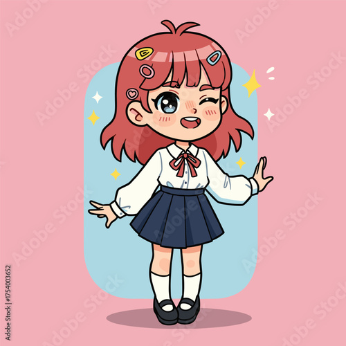 A cute anime-style girl with reddish-pink hair and fun hair clips is standing and winking while wearing a school uniform (blouse and dark skirt).
