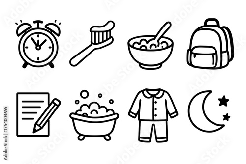 Daily routine vector stickers: alarm clock, toothbrush, bowl, backpack  