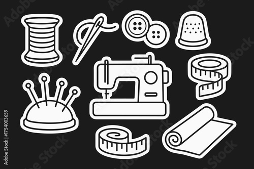 Sewing tools and accessories in a modern sticker style  