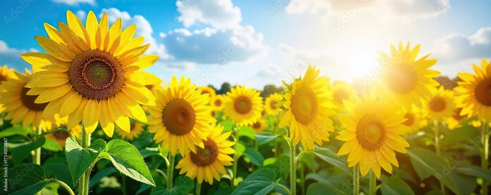 Fototapeta premium Towering Sunflowers Bask in Golden Summer Sunlight, a Breathtaking Garden Display of Vibrant Yellow Blooms Reaching for the Sky. Perfect for Summer, Nature, and Agriculture Themes.