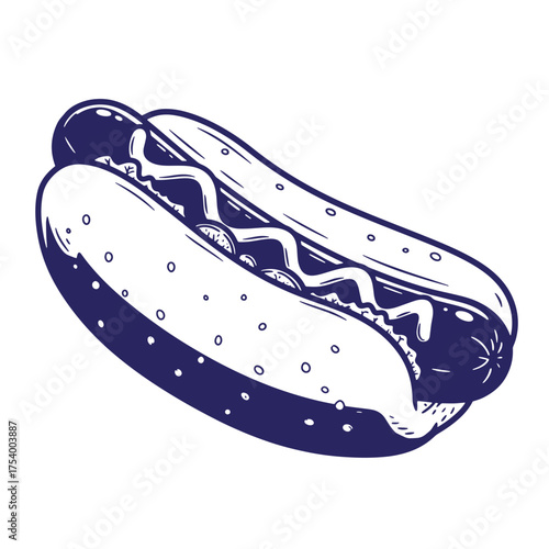 Artistic vintage art illustration of a delicious hot dog with mustard and condiments