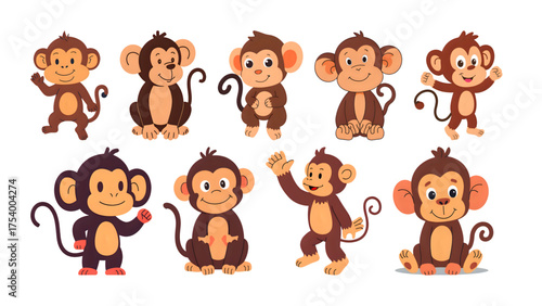 A collection of cute vectors containing a collection of cute cartoon monkey illustrations.