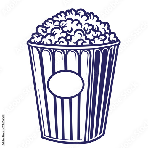 Classic vintage art illustration of a popcorn bucket filled with delicious popped corn