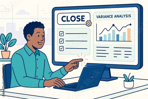 Business analyst completing financial variance analysis on computer with abstract charts and checklists in modern office background concept. Ai generative