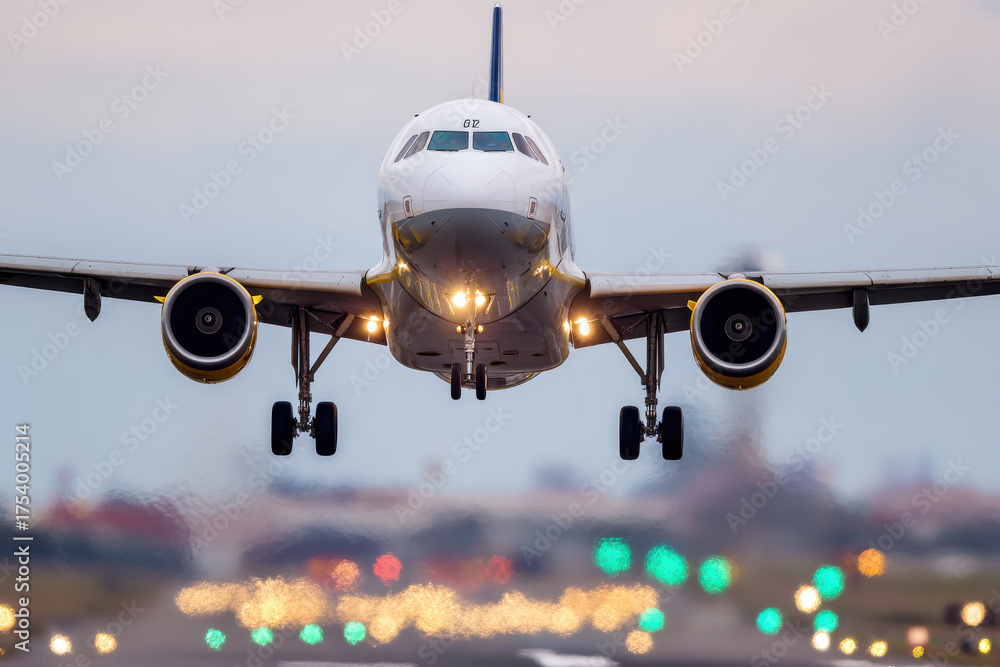 Naklejka premium Passenger plane landing at busy international airport