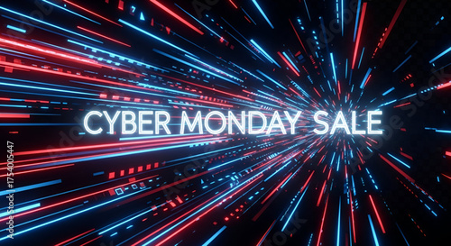 High Speed Digital Cyber Monday Sale Text Traveling Through Warp Tunnel Of Red And Blue Light Trails Data Network Lines For Online Shopping Discount Event Banner Marketing Business Advertisement 