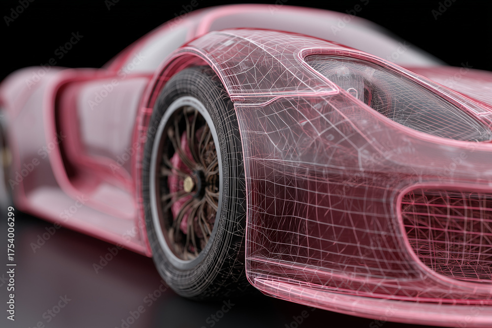 Naklejka premium close-up of a digital wireframe of a futuristic car, technology, red hues