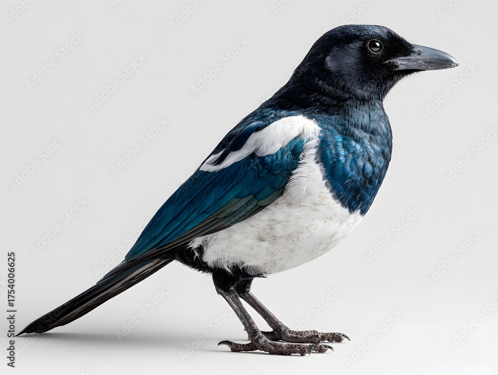 Fototapeta premium Majestic Eurasian Magpie Standing Gracefully Against a Soft Background with Intricate Feather Details and Sharp Features