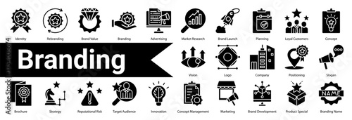 Minimalist Branding Glyph icons set with editable stroke, featuring:  Identity,Rebranding,Brand Value,Branding,Advertising,Market Research,Brand Launch,Planning,Loyal Customers,Concept,Vision,Logo