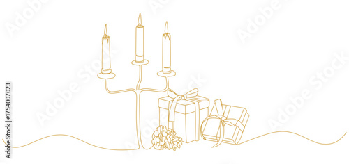 Minimalist one line drawing of a festive still life featuring a three-candle candelabrum, wrapped gift boxes, and a pine cone. The continuous golden line art illustration represents warmth