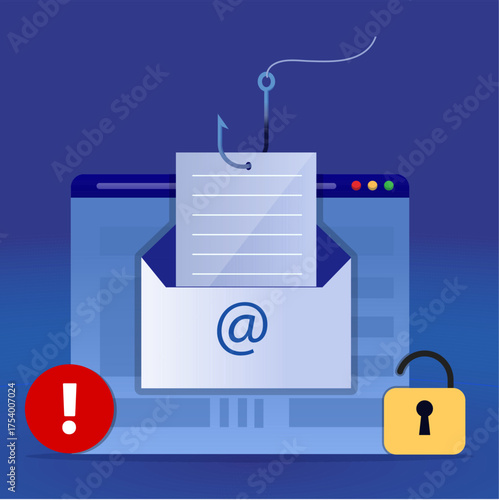 Phishing email concept. Warning notice for email stealing with fish hook. Beware of phishing attack. Cyber crime and online data thief.
