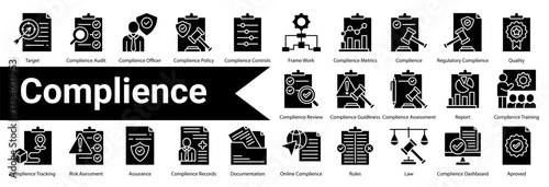 Minimalist Compliance Glyph icons set with editable stroke, featuring:  Target,Complience Audit,Complience Officer,Complience Policy,Complience Controls,Frame Work,Complience Metrics,Complience
