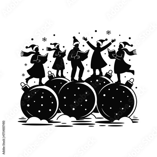 Festive Holiday Scene with Singing Carolers and Snow Silhouette.
