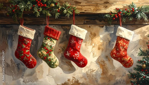 Watercolor painting of four festive holiday stockings hanging