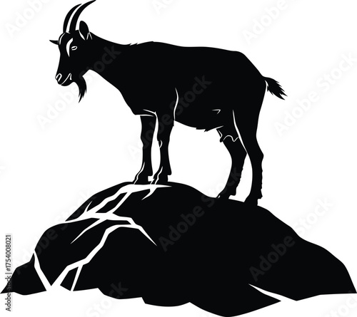 Black Silhouette of a Strong Goat Standing Firmly on a Rock Cliff Vector Art