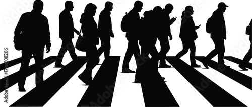 Urban Pedestrians Silhouettes Walking on Zebra Crossing Black and White Graphic Vector Illustration for City Life and Crowd Movement