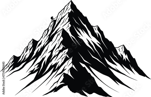 Mountain Climbing Adventure Silhouette Vector Illustration with Lone Climber Reaching Peak