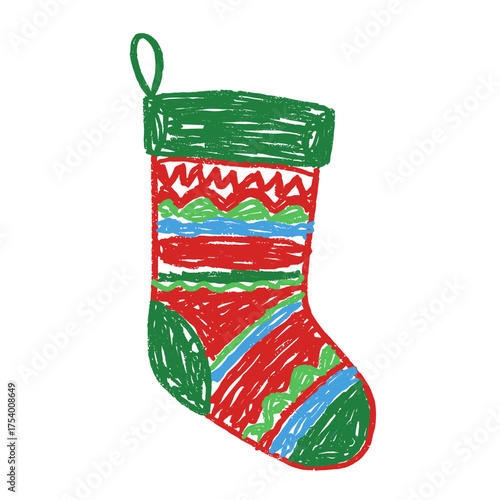 Childlike Drawing of a Christmas Stocking with Red, Green, and Blue Stripes