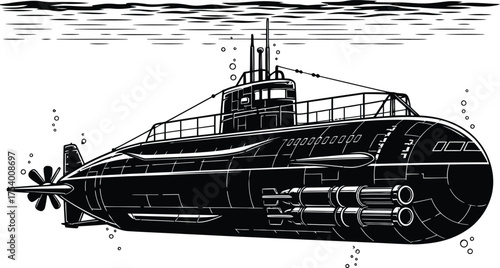 Black and White Submarine Underwater Vector Illustration with Torpedoes Periscope and Bubbles in Comic Style