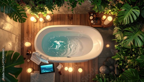 Overhead spa bath scene with candles essential oils and a tablet displaying calm ocean waves soothing composition leaves copy space on one side for design