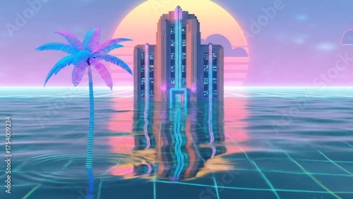 Vibrant 3D neon futuristic building with palm tree reflected in water against glowing sunset and surreal digital grid. Retro-futuristic concept