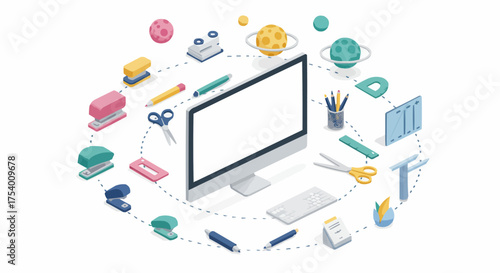 Creative office and school supplies arranged in a circular pattern around a computer monitor