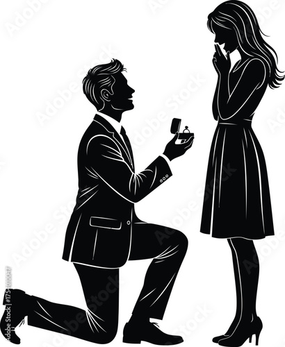 Romantic Marriage Proposal Silhouette Vector Graphic with Man Kneeling and Presenting Engagement Ring to Surprised Woman