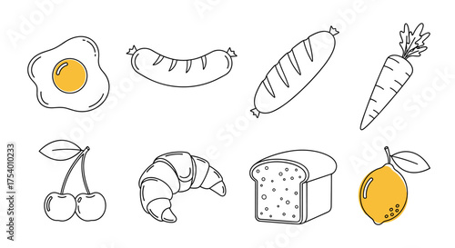 A delightful collection of hand-drawn breakfast and baking ingredients including eggs bread and fruit.