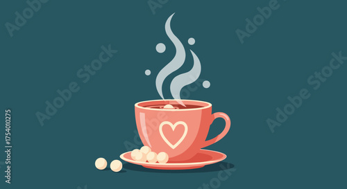 A steaming cup of hot chocolate with a heart design sits on a saucer with sugar cubes.