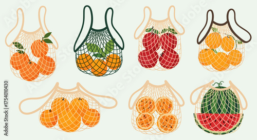A collection of reusable string bags filled with fresh fruits and vegetables.