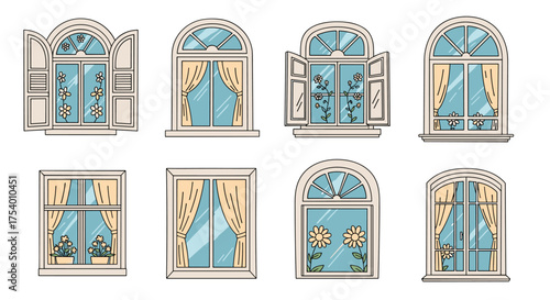 A collection of vintage decorative window designs with ornate frames and flowing curtains.