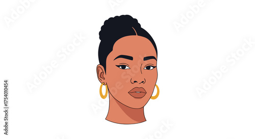 A stylish portrait of a young woman with her hair pulled back in a bun and wearing large hoop earrings.