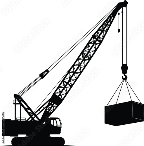 Industrial Heavy Duty Crawler Crane Lifting Container Silhouette Vector Icon