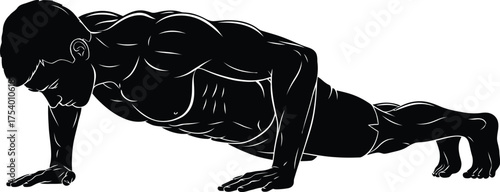 Male Athlete Performing Push Up Exercise Black Silhouette Vector Graphic