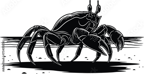 Stylized Black and White Crab Vector Illustration on Sand