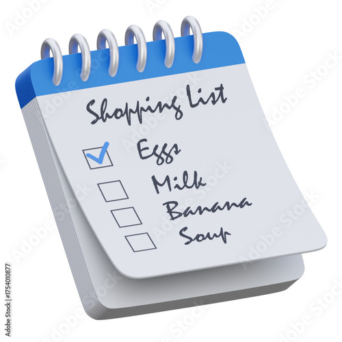Spiral notebook with a grocery shopping list for items like eggs and milk. A blue checkmark highlights a completed task, representing planning and organization