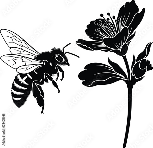 Black and white silhouette of a bee flying towards a blooming flower vector graphic illustration