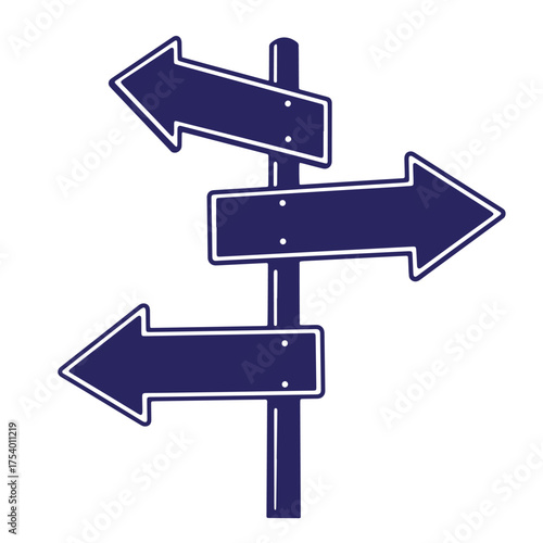 Directional road sign with three arrows indicating different ways for navigation and choices