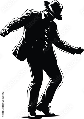 Stylish man in fedora and suit dancing silhouette graphic Retro male performer in classic outfit, elegant monochrome vector design