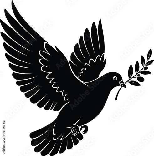 Black silhouette of a flying peace dove with olive branch on a white background vector graphic