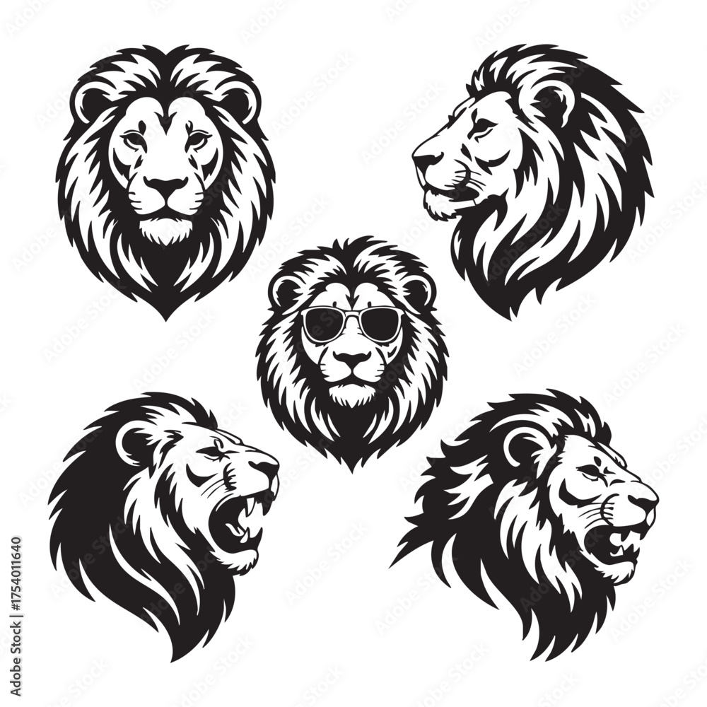 Obraz premium Five Black And White Lion Head Illustrations With One Wearing Sunglasses animal wildlife