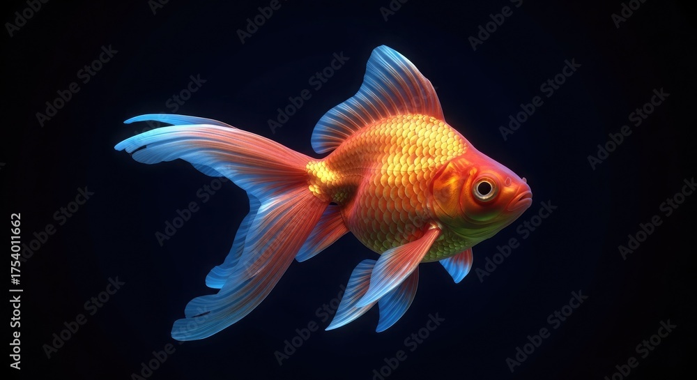 Fototapeta premium Beautiful goldfish swimming in dark aquarium water pet animal orange fish aquatic life fancy goldfish pet care