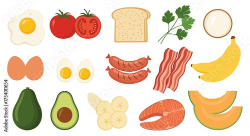 A delicious breakfast spread featuring eggs sausages bacon toast bananas avocado salmon tomatoes and melon.